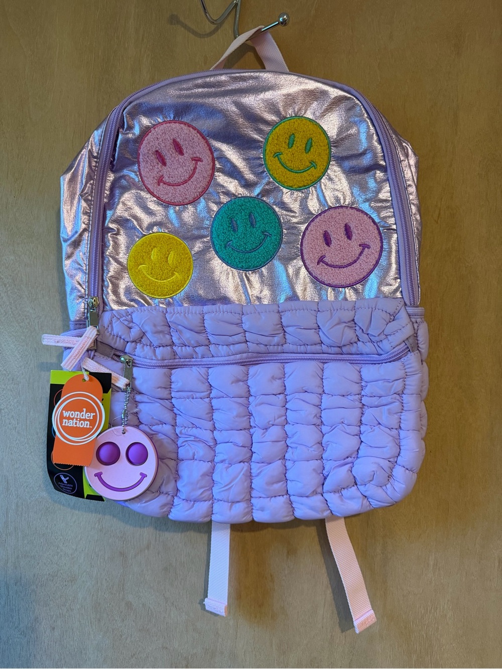 wonder nation Lilac Quilted Backpack with Colorful Smiley Patches